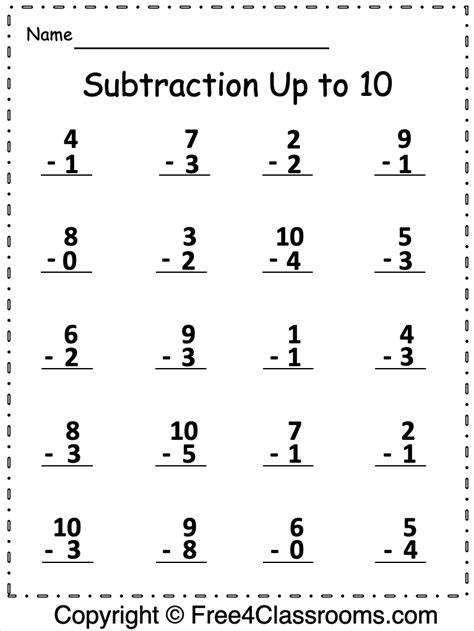 Subtraction up to 10 Worksheets .